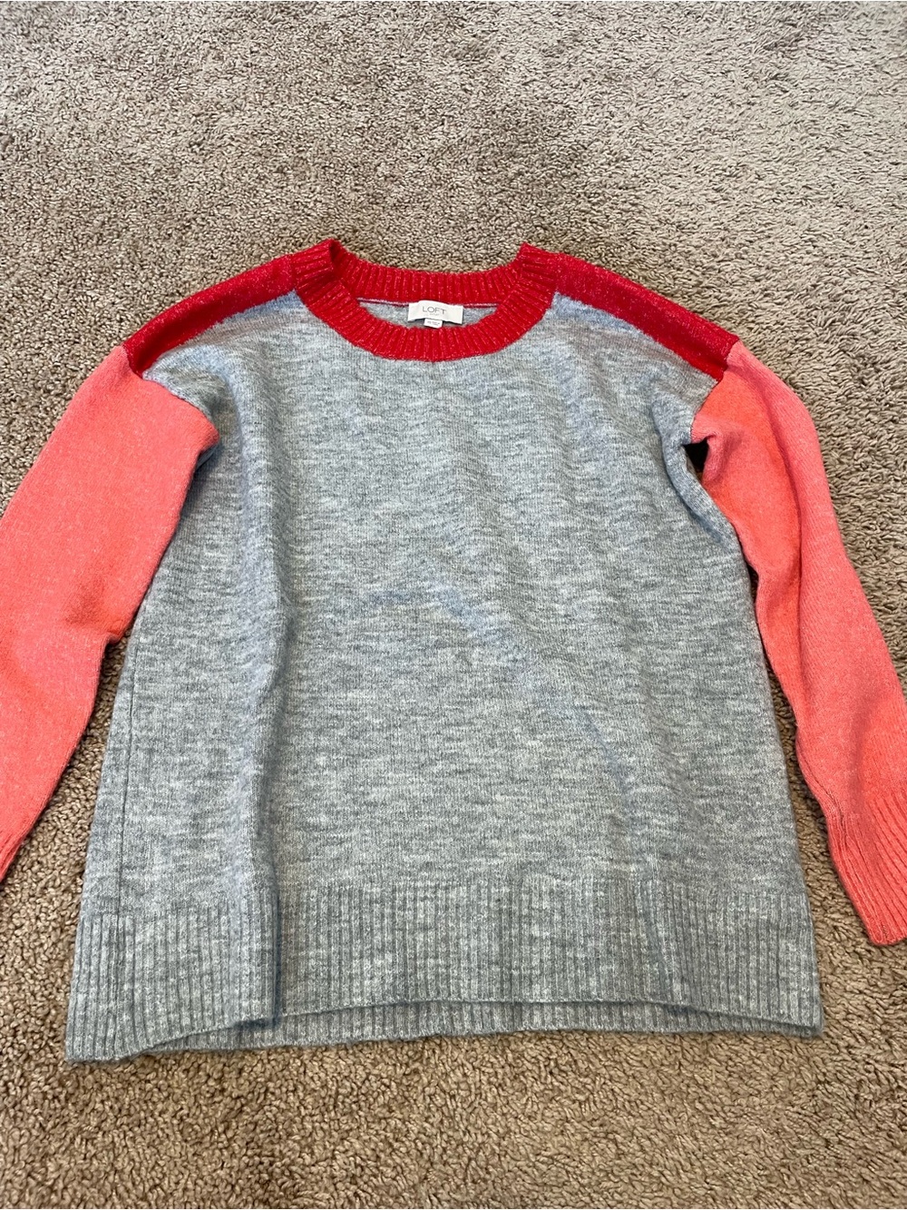 LOFT Gray Sweater with Red Ribbed Crewneck